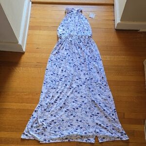 NWT, Poof New York, Blue/White Floral Halter Maxi Dress, Cutout Back, Women's L